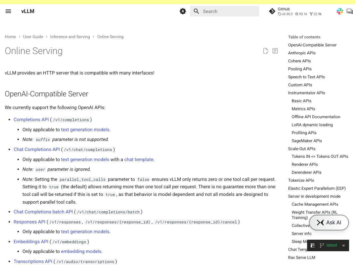 vLLM documentation showing supported OpenAI-compatible endpoints including chat completions.