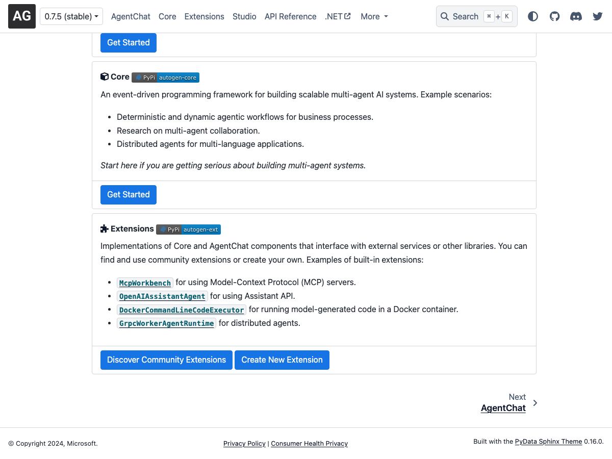AutoGen documentation overview listing built-in runtime extensions including McpWorkbench and DockerCommandLineCodeExecutor.