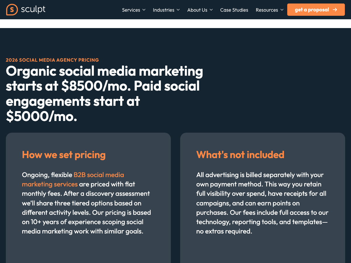 Pricing overview page from agency Sculpt outlining starting monthly fees for organic and paid social media services.