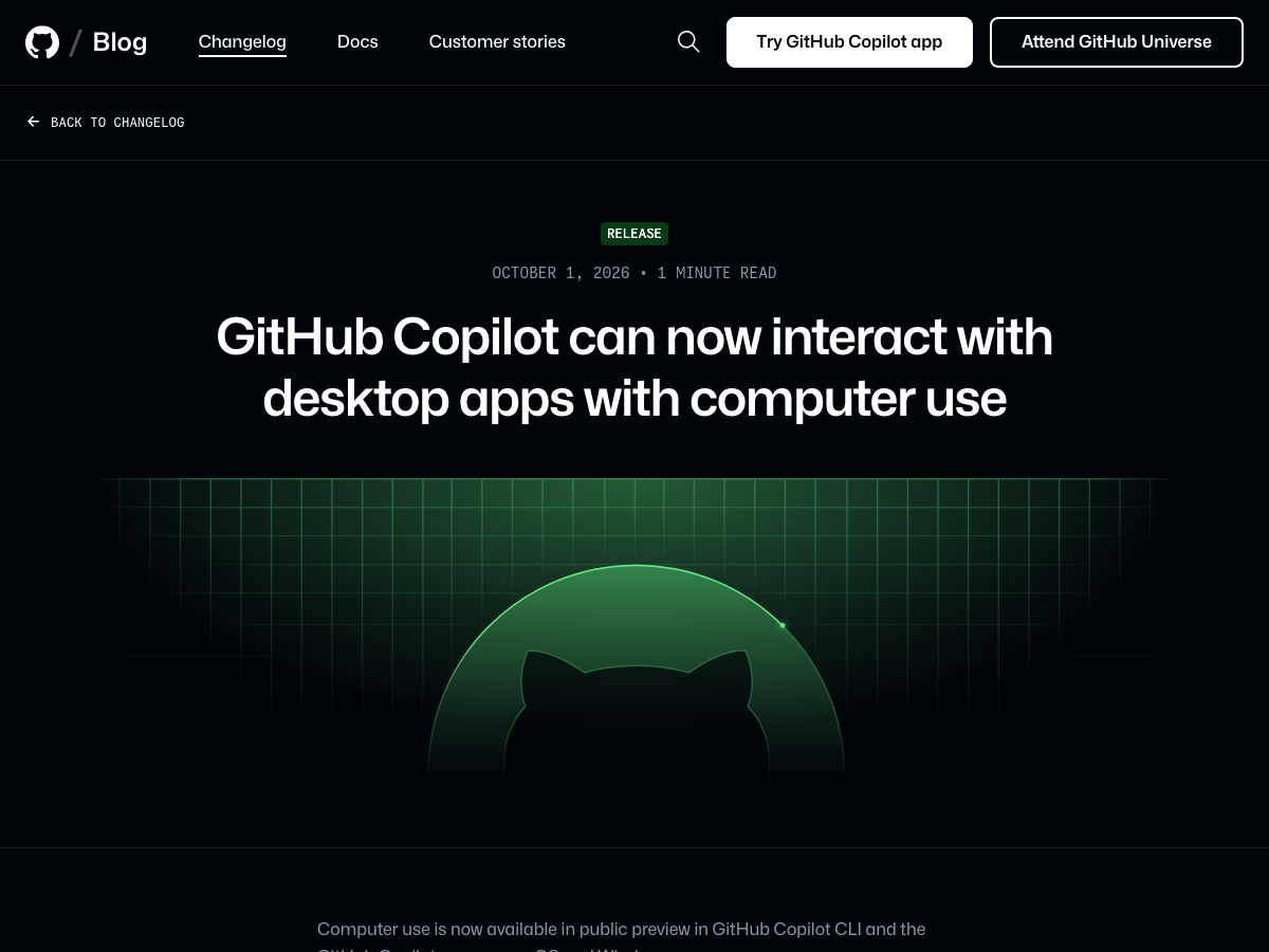 GitHub Changelog announcement for computer use in GitHub Copilot CLI and desktop app.