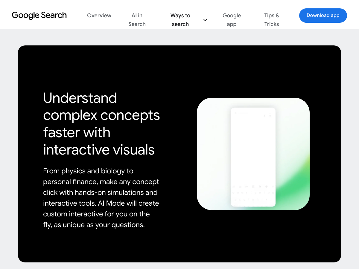 Google AI Mode feature showcase detailing interactive visual simulations and multimodal reasoning.
