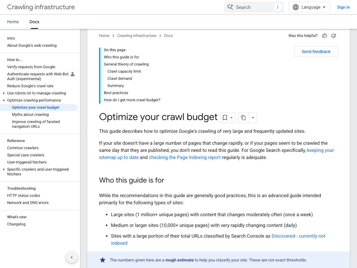 Google Search Central documentation page explaining crawl budget optimization and crawl capacity limits for large websites.
