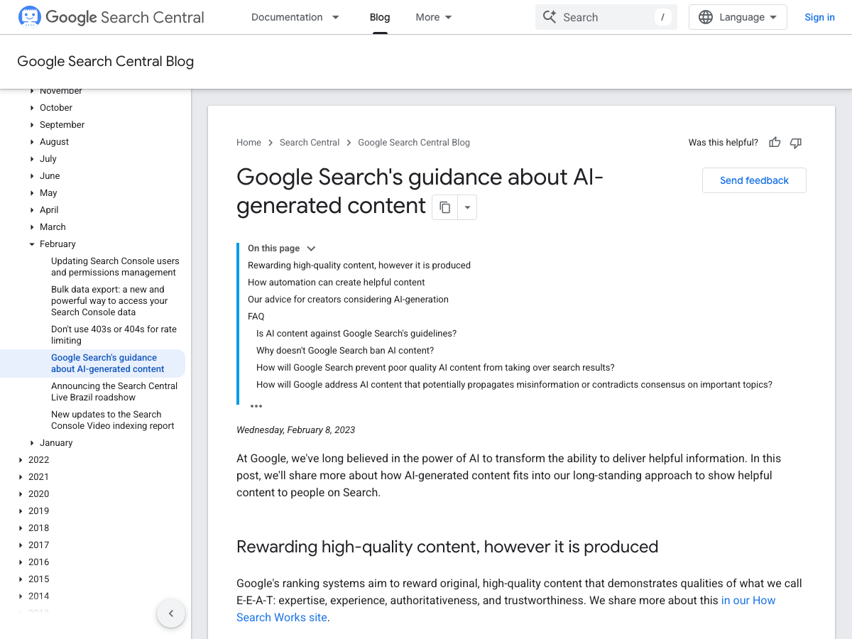 Google Search Central blog post outlining official guidance on AI-generated content and E-E-A-T evaluation.