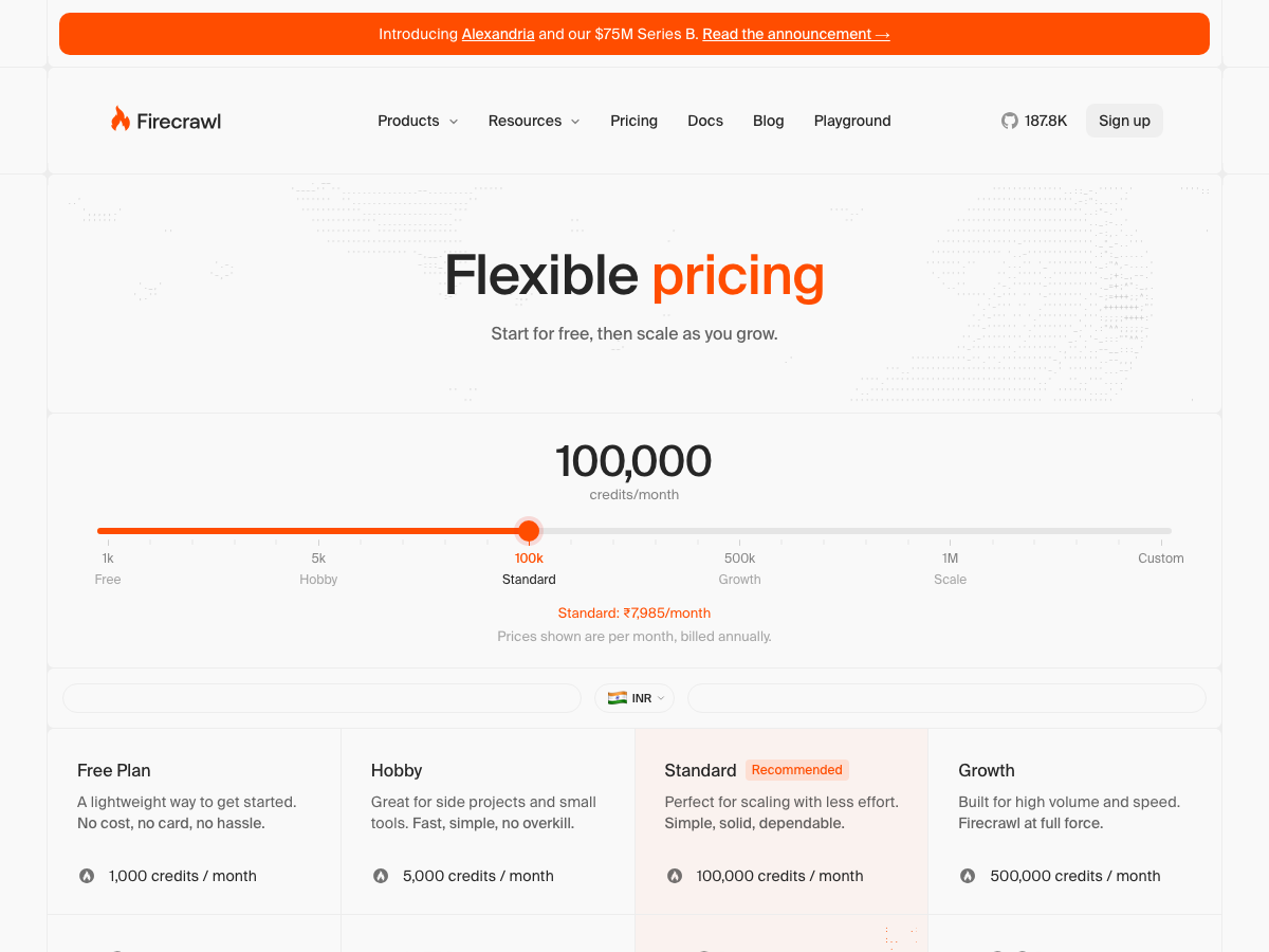 Firecrawl subscription pricing tiers showing monthly costs and credit allowances.