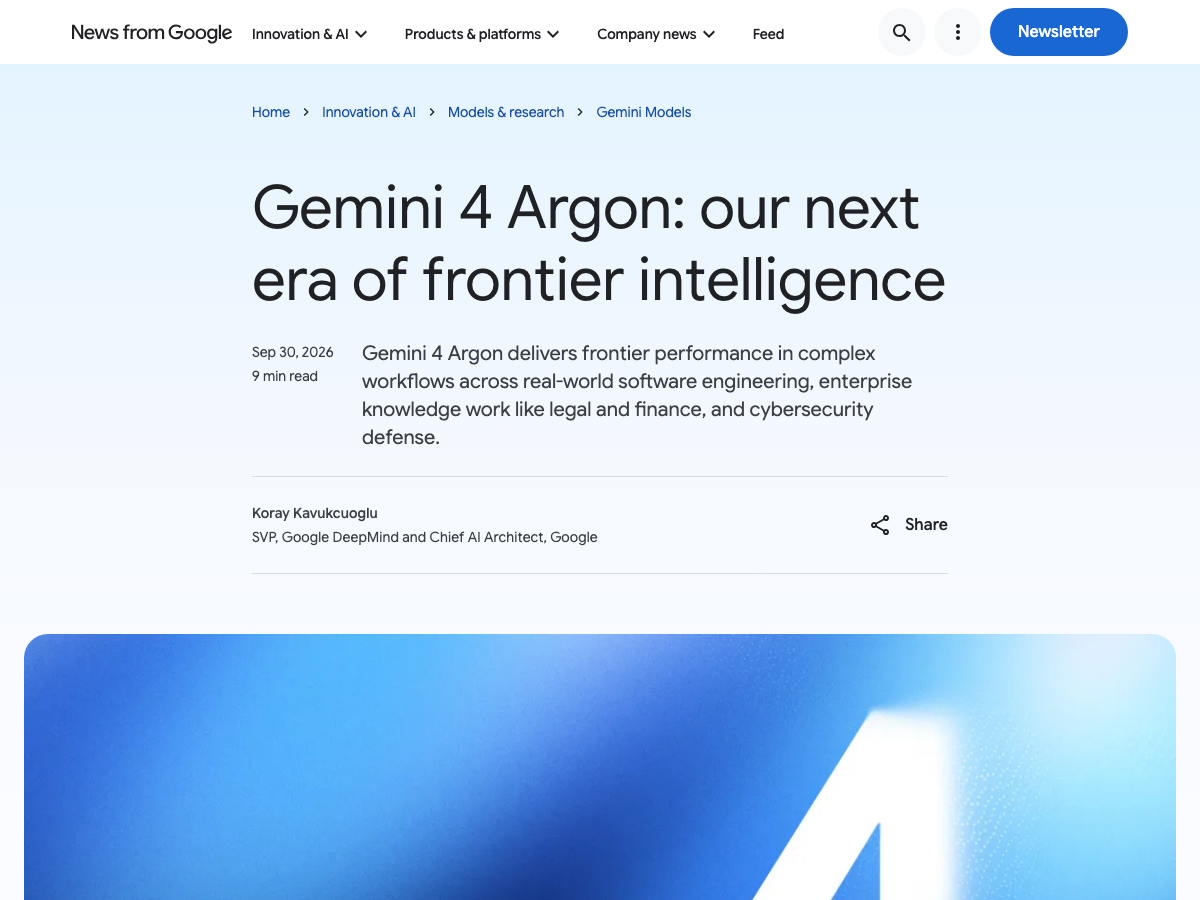 Google announcement header for the Gemini 4 Argon frontier model.