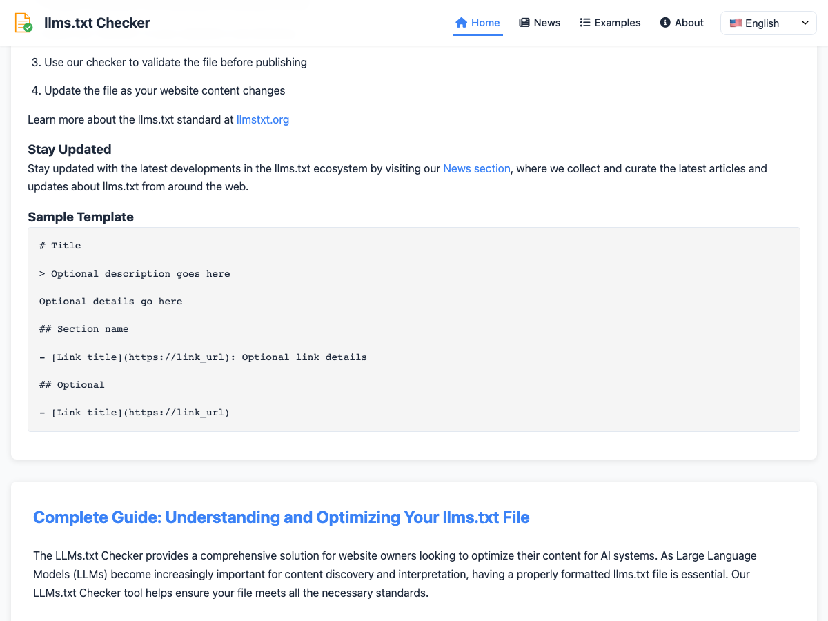 Sample template and validation rules shown on the llms.txt Checker website.
