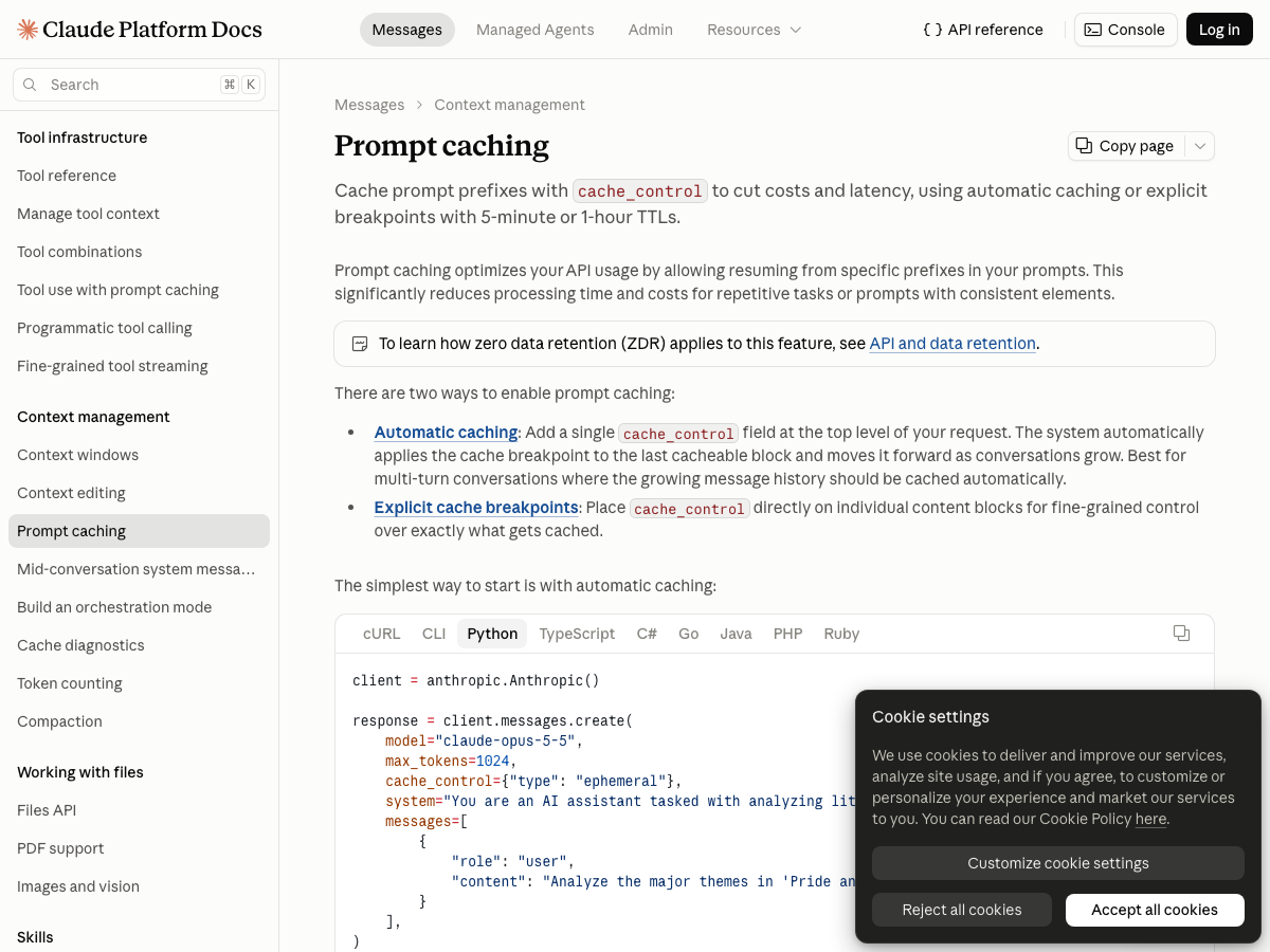 Anthropic documentation showing automatic caching and explicit breakpoint configuration options.