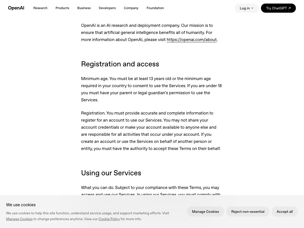 OpenAI Terms of Use section setting registration and access age requirements.