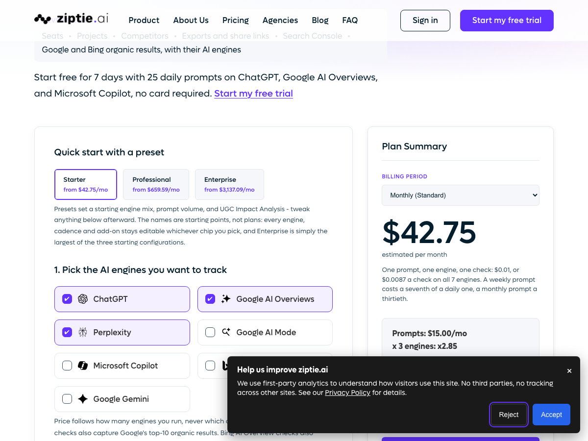 Ziptie.ai pricing presets showing Starter, Professional, and Enterprise configurations.