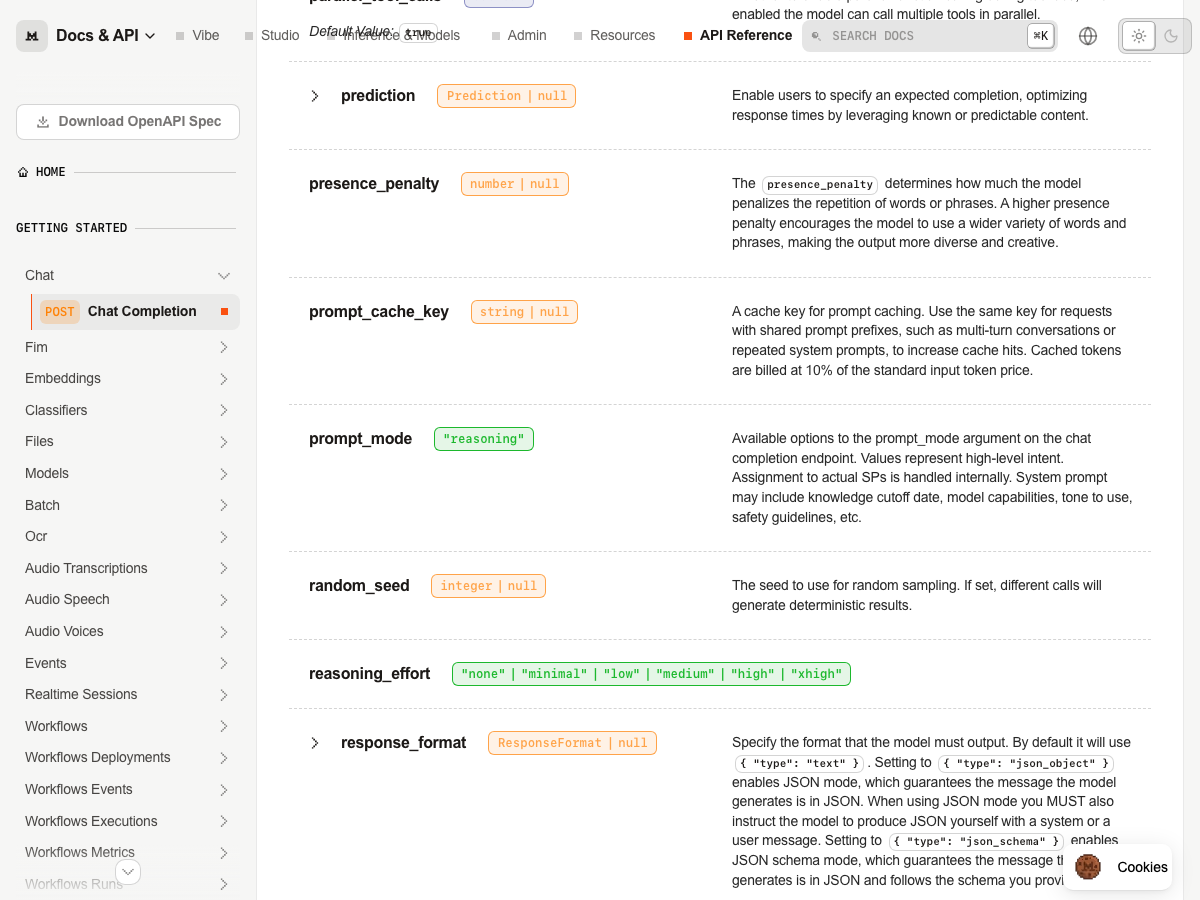 Mistral Chat Completion API parameter documentation showing prompt caching billing rules and reasoning effort levels.