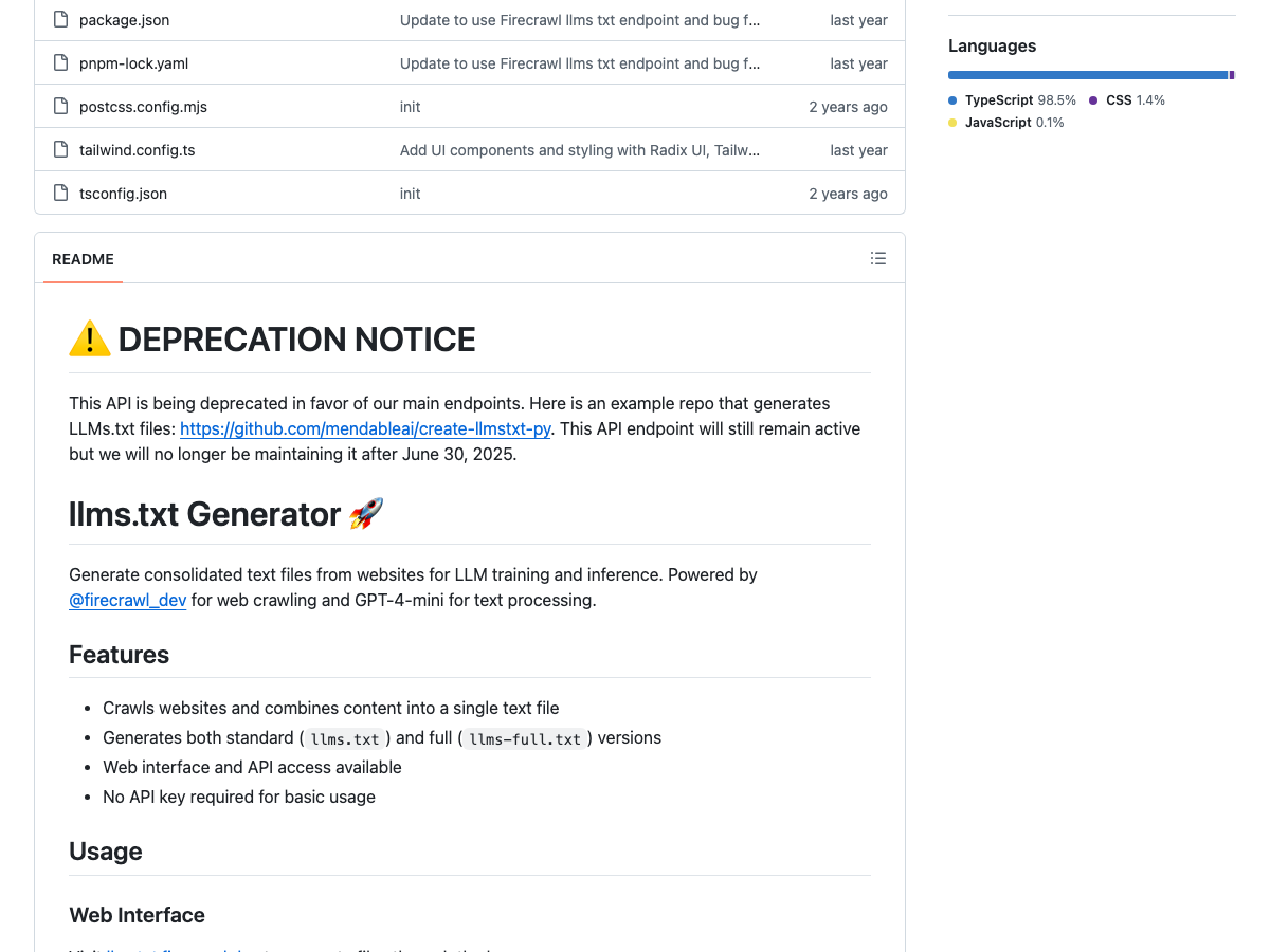 Deprecation notice on the Firecrawl llmstxt-generator GitHub repository.