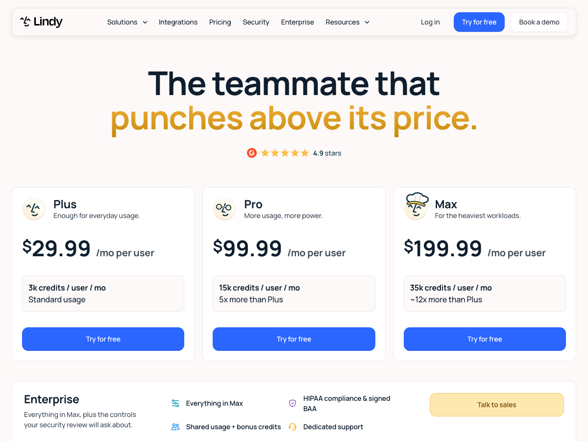 Lindy pricing page displaying subscription tiers and credit allocations.