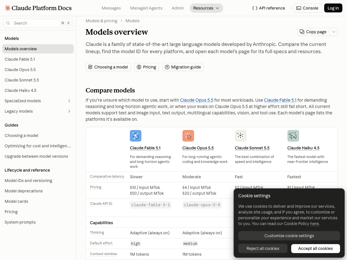 Anthropic Claude platform documentation comparing specifications, pricing, and model IDs across Claude models.