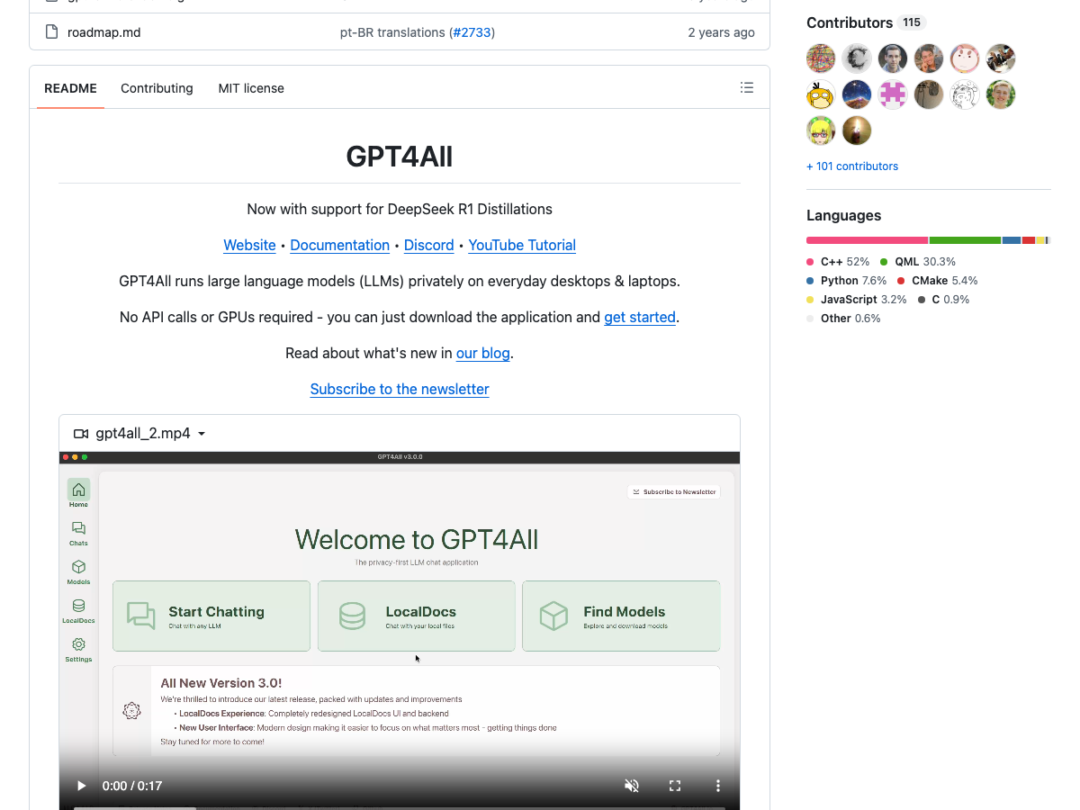 GPT4All repository README detailing local model execution requirements and download installers.