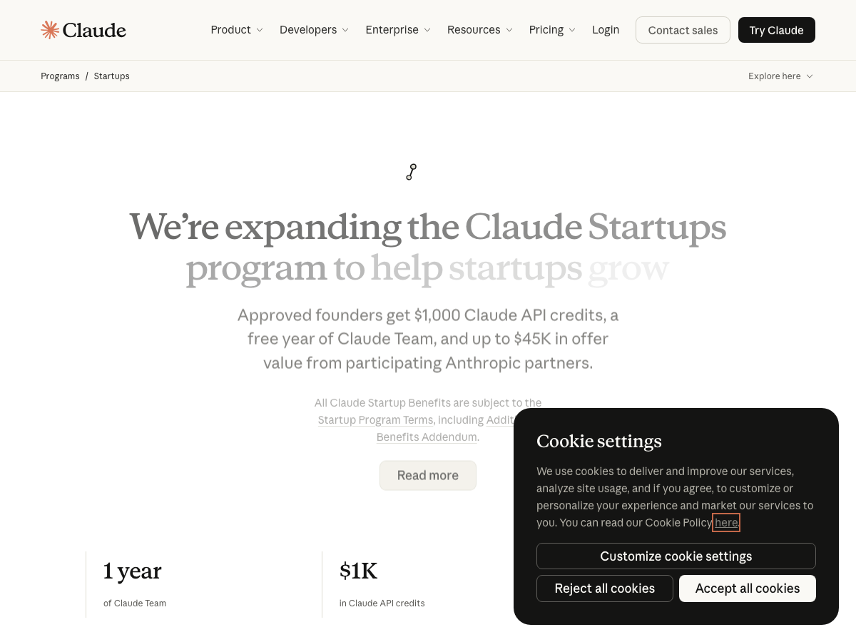 Claude for Startups program overview highlighting $1,000 in API credits and a free year of Claude Team.