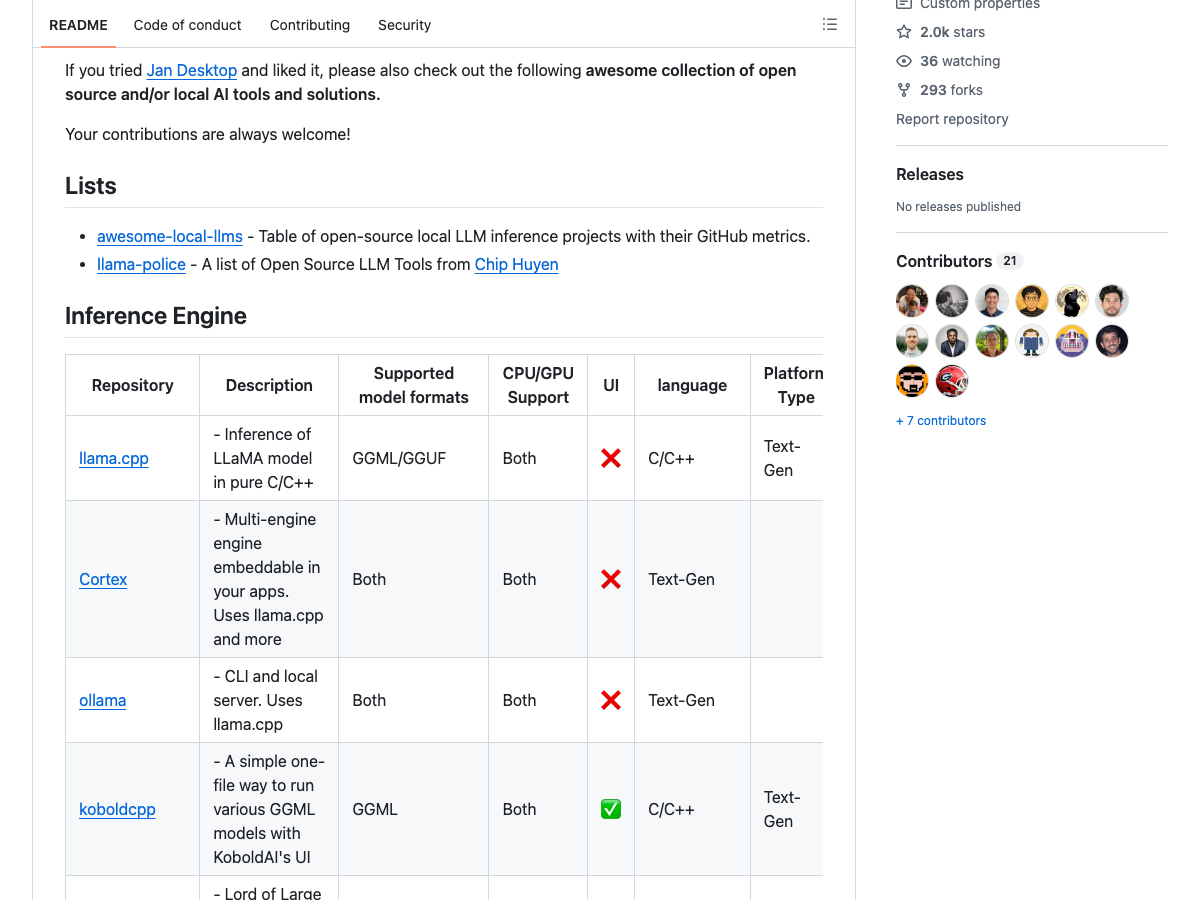 Table of open-source inference engines detailing supported model formats and hardware capabilities.