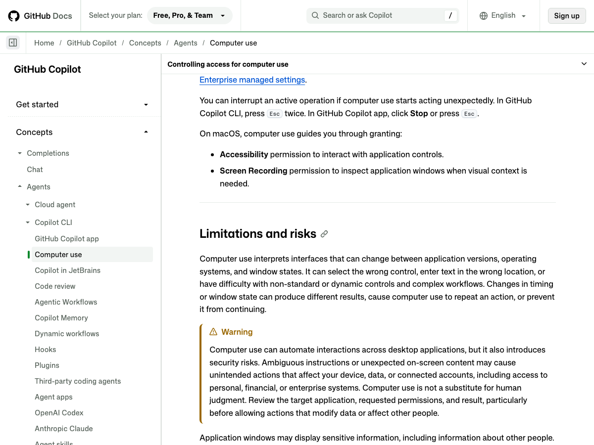 GitHub documentation detailing OS permissions and capabilities for computer use.
