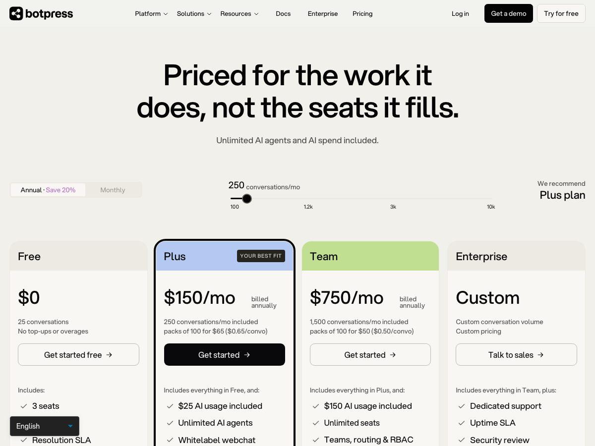 Botpress pricing breakdown showing conversation limits and AI usage quotas.