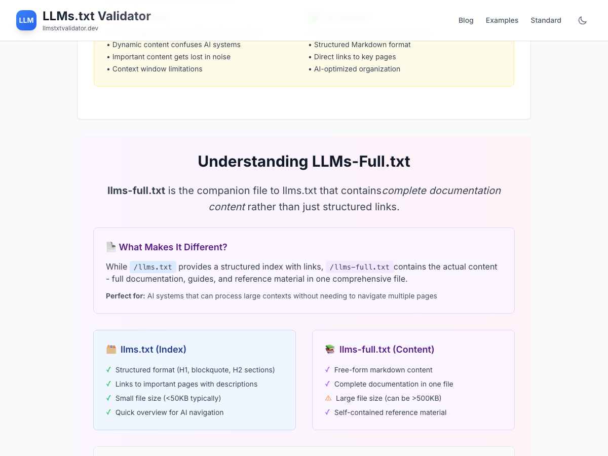 Comparison between llms.txt index files and llms-full.txt documentation content on llmstxtvalidator.dev.