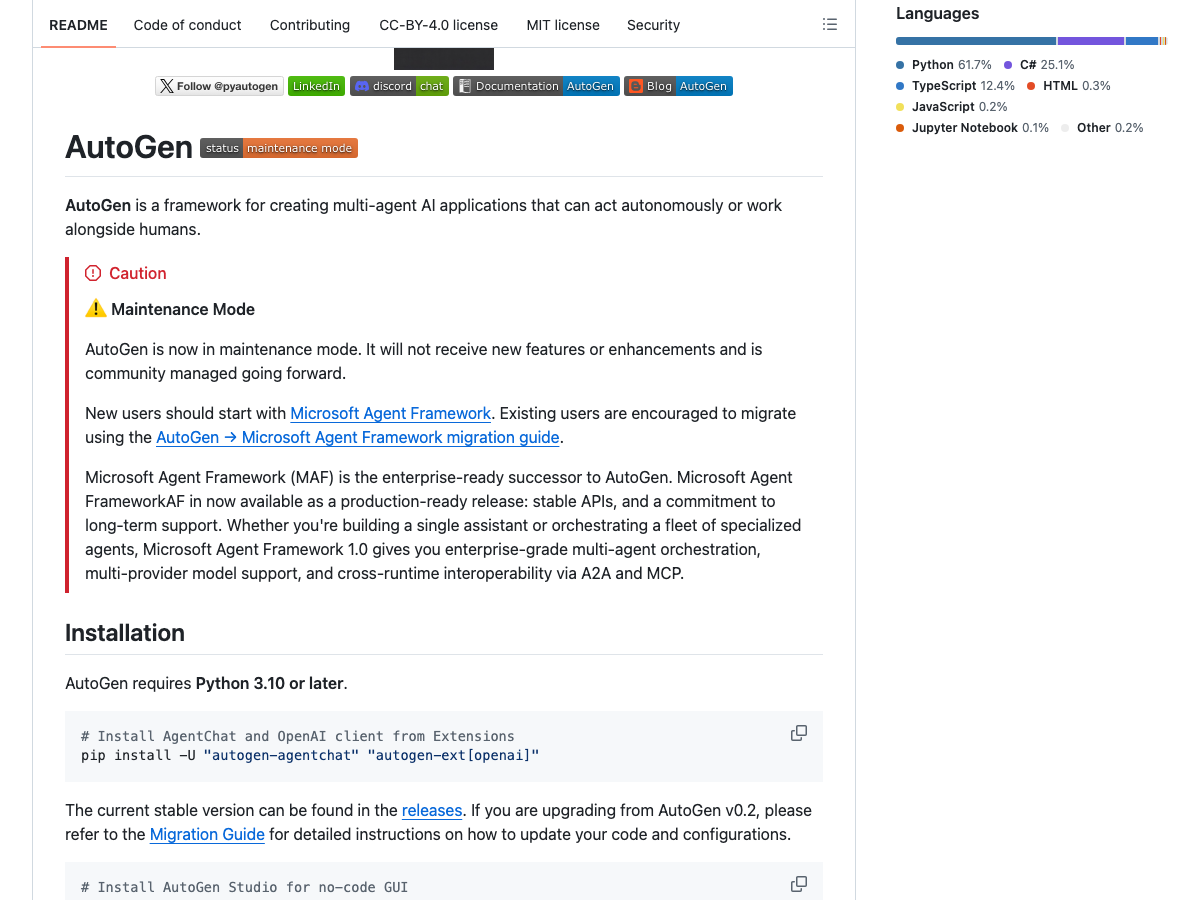 Notice on Microsoft AutoGen repository announcing maintenance mode and migration to Microsoft Agent Framework.