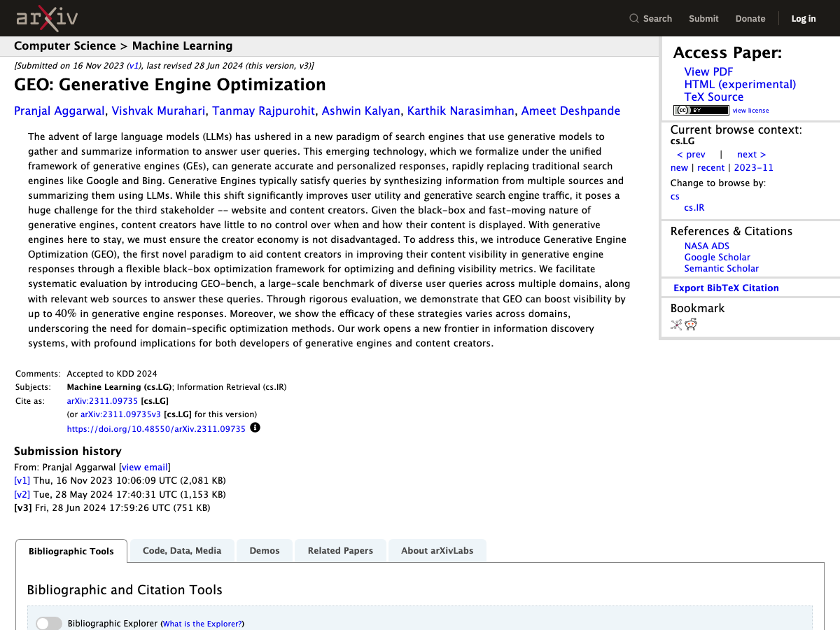 arXiv abstract page for the Generative Engine Optimization research paper presented at KDD 2024.