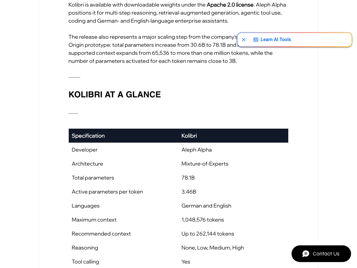 Specification table of Kolibri listing total parameters, active parameters per token, context length, and architecture details.
