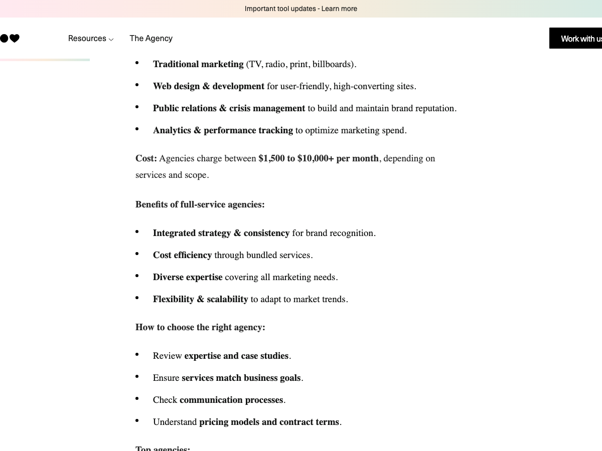 Summary section on inBeat showing full-service agency core services and retainer pricing between $1,500 and $10,000+ per month.